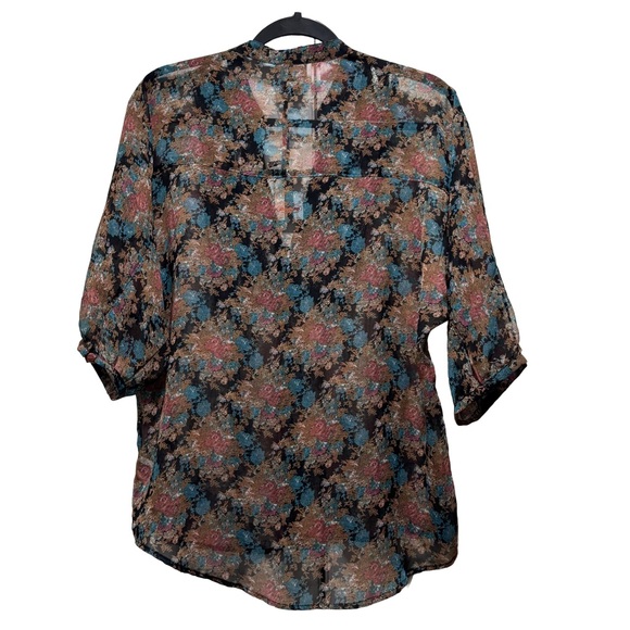 Buffalo Jeans Sheer Floral Button-Front Blouse Black Multicolor Lace Trim Size S - Picture 3 of 10